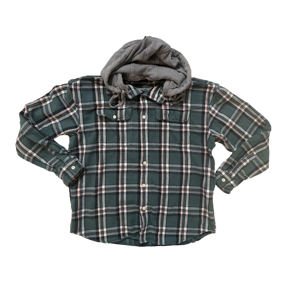 American Eagle Men's LG Flannel Hoodie Shirt Green Plaid Button Front Hooded Y2K